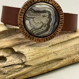Copper-Trimmed Leather Bracelet with Banded Agate